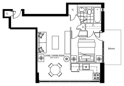 Floor plan for 1 bed, 1 bath, 508 sqft